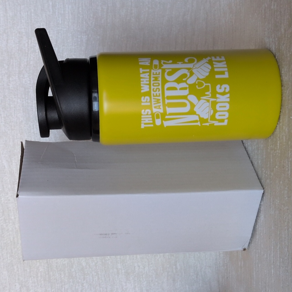 Metal Water Bottle 16oz Yellow Nurse Themed Black  Flip Lid Never Used